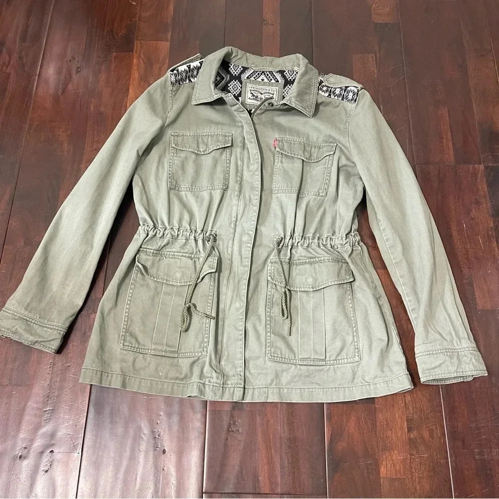 Levi’s Aztec Cargo Military Jacket Green Women’s Large Pockets Drawstring